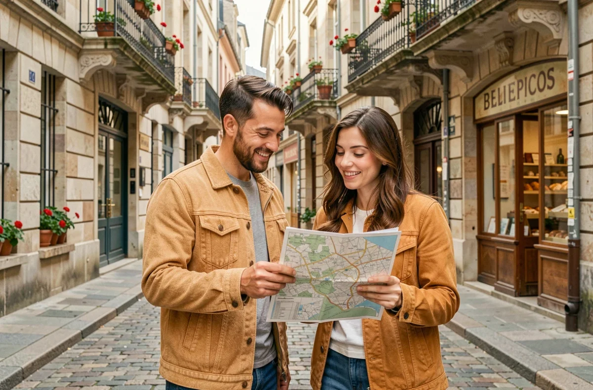 Couple explorant le quartier historique de Limoges avec une carte pour choisir leur futur logement