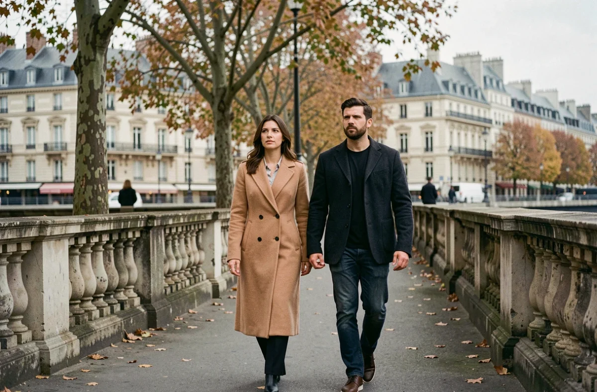 Couple marchant côte à côte sur les quais de Seine à Paris, illustrant la complexité et la distance émotionnelle d'une relation médiatisée