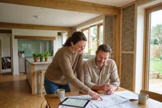 Couple travaillant sur la rénovation de leur cuisine éco-responsable