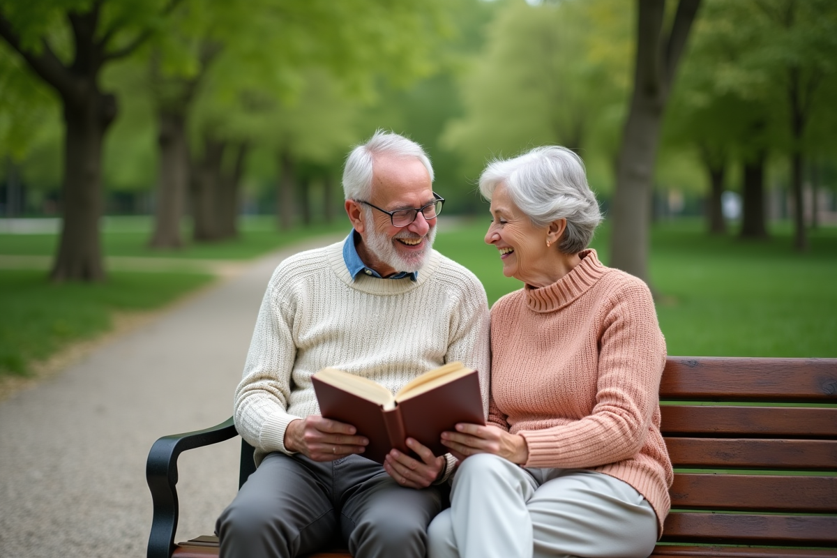 Couple retraité souriant dans un parc paisible
