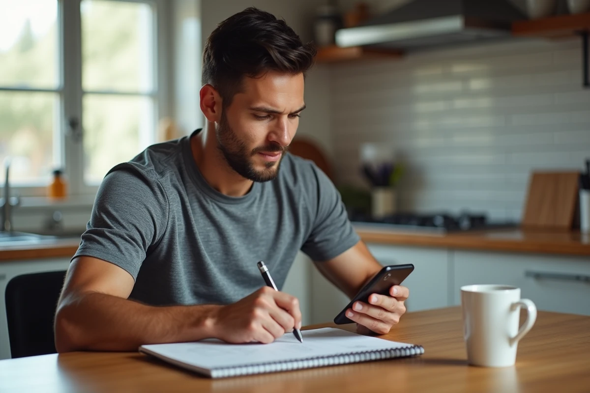 Coureur masculin convertissant des miles en kilomètres sur une application smartphone avec carnet d'entraînement