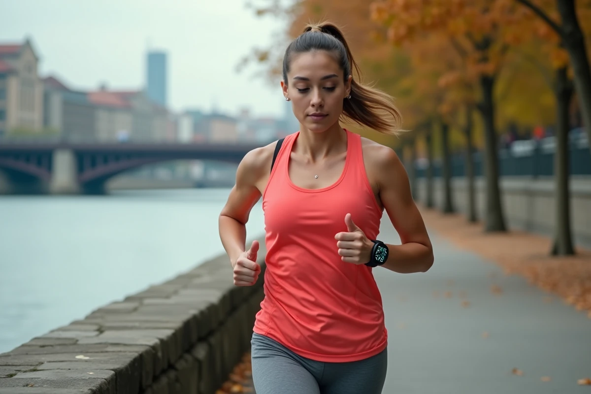 Coureuse vérifiant la distance en kilomètres sur sa montre GPS lors d'un entraînement en ville au bord de l'eau