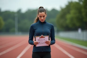 Coureuse consultant un plan d'entraînement avec conversion miles kilomètres sur une piste d'athlétisme