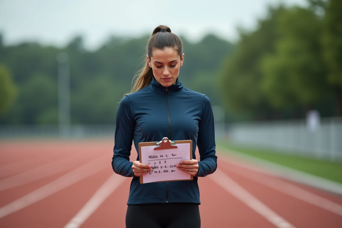 Coureuse consultant un plan d'entraînement avec conversion miles kilomètres sur une piste d'athlétisme