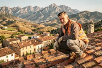 Couvreur professionnel travaillant sur un toit en tuiles avec vue sur un village des Pyrénées-Orientales