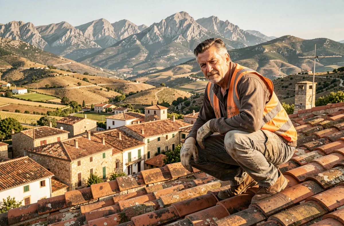 Couvreur professionnel travaillant sur un toit en tuiles avec vue sur un village des Pyrénées-Orientales
