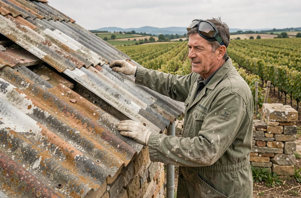 Spécialiste de Debord Rénovbâti déposant d'anciens panneaux de toiture sur un bâtiment agricole en Pyrénées-Orientales