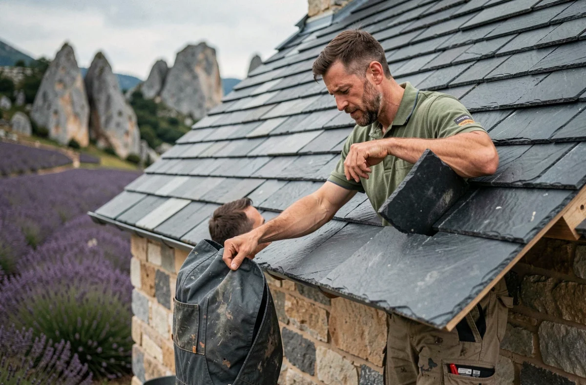 Artisan couvreur de Do Cruzeiro Couverture posant des ardoises sur un mas en pierre dans les contreforts pyrénéens