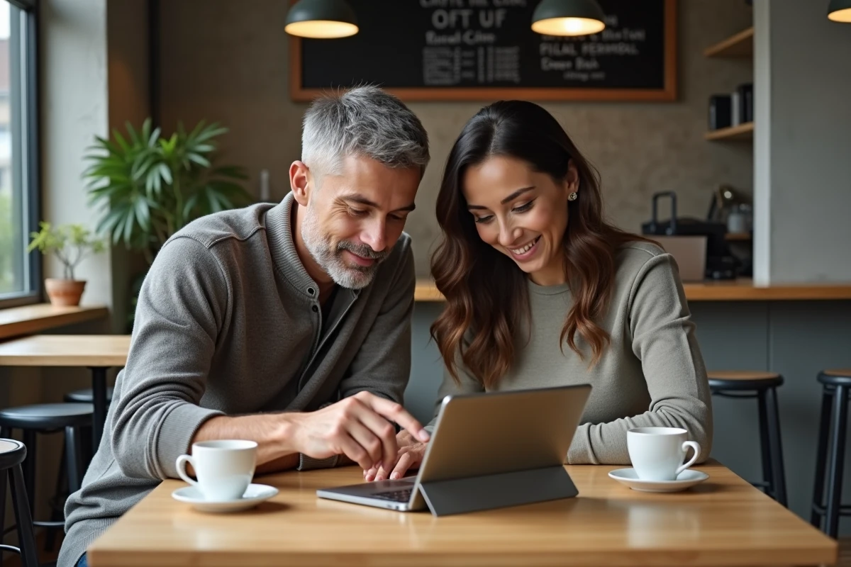 Deux collègues collaborant ensemble pour résoudre le mot du jour de Sutom sur une tablette dans un café