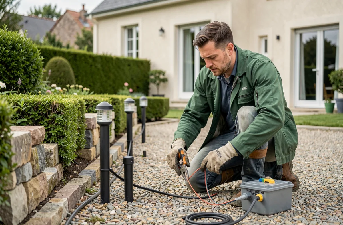 Électricien Elec GMR installant un éclairage extérieur dans un jardin résidentiel à Troyes