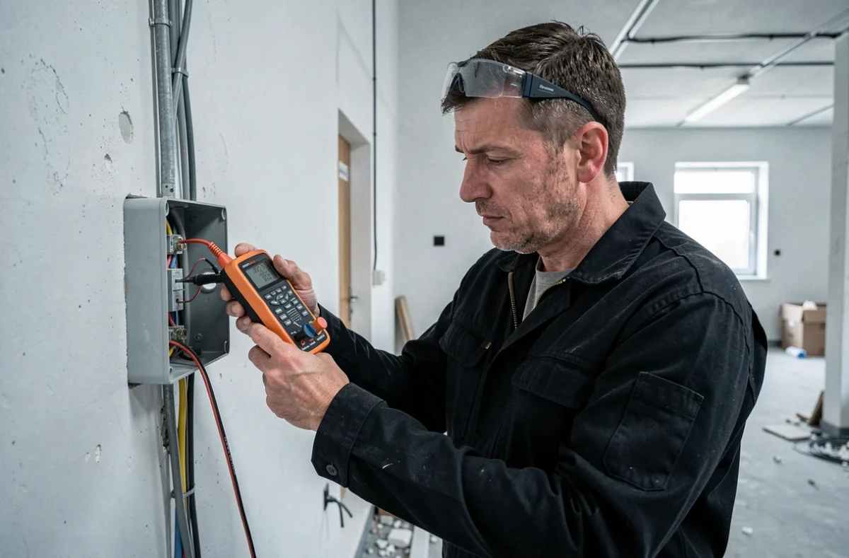 Électricien Elec Vt testant un circuit électrique avec un multimètre dans un local commercial à Troyes