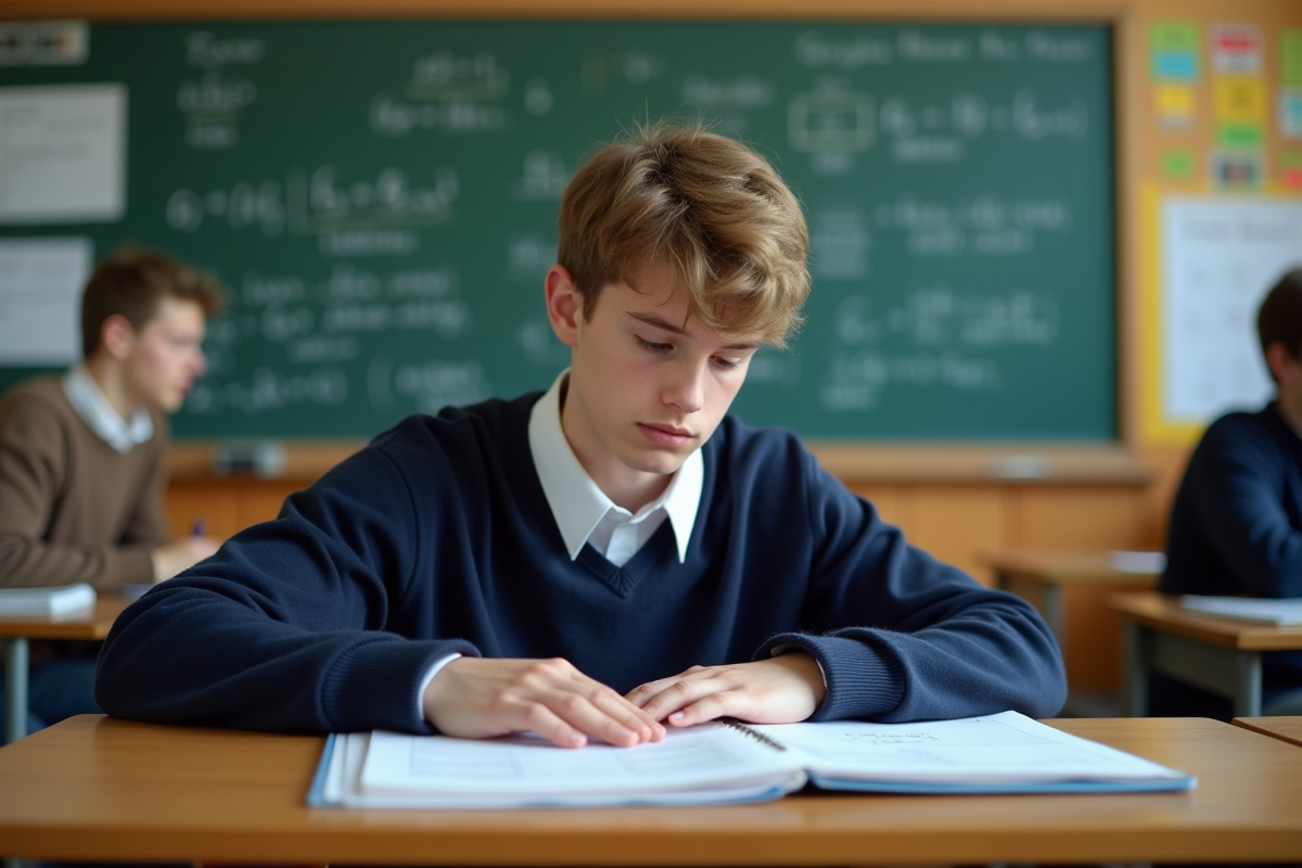 Jeune étudiant concentré sur son bulletin scolaire en classe