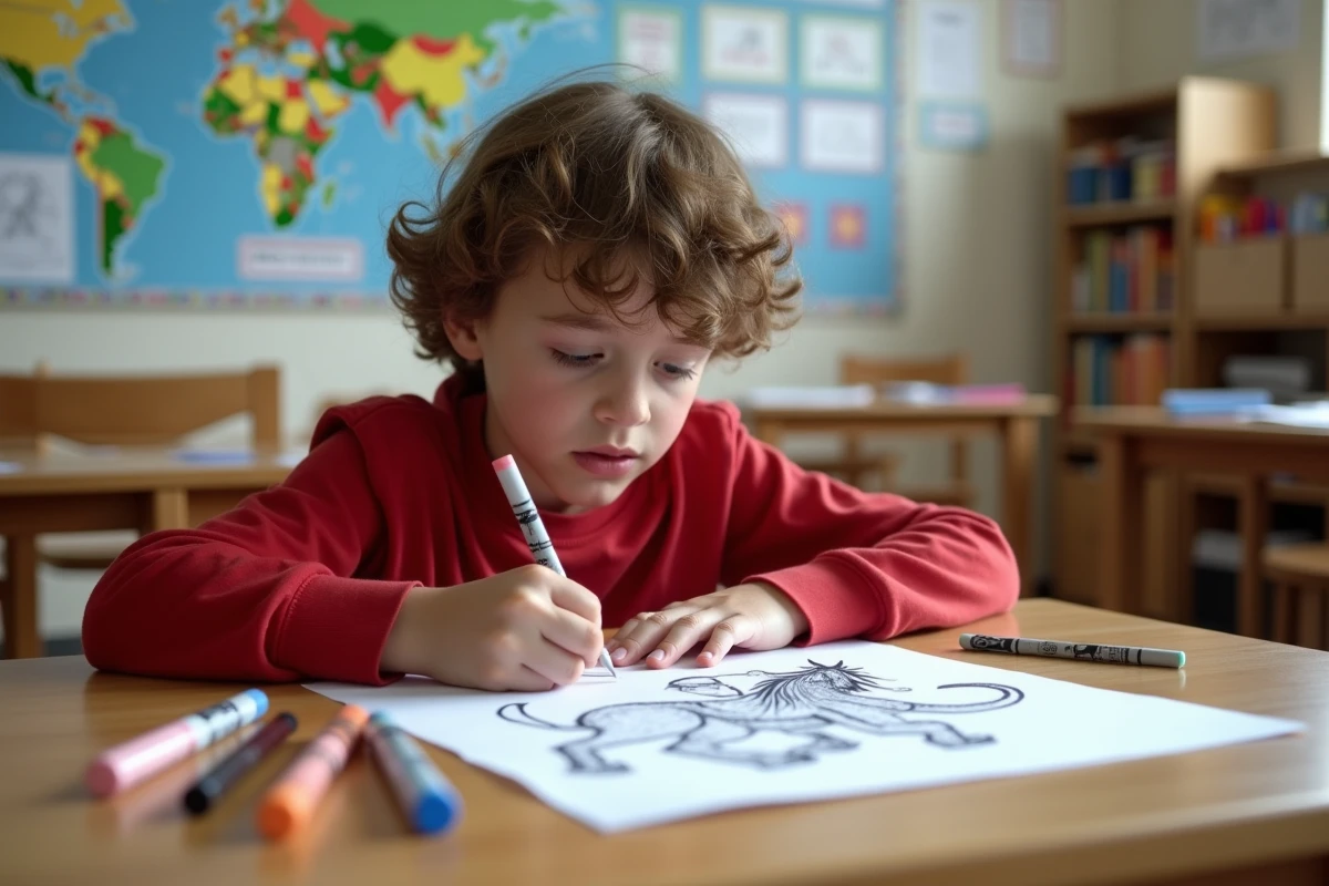 Jeune élève de primaire dessinant un Minotaure à son bureau dans une classe décorée d'illustrations mythologiques grecques