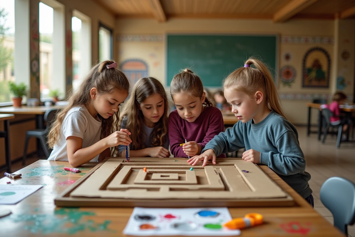 Groupe d'élèves de primaire construisant ensemble une maquette de labyrinthe en carton dans le cadre d'un projet sur le Minotaure