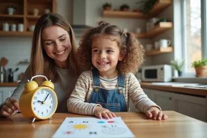 Fille souriante avec horloge color&eacute;e et m&egrave;re dans cuisine