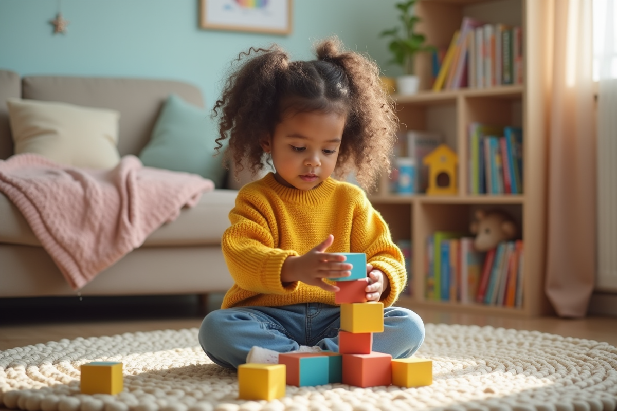 Fille de deux ans en pull jaune joue avec des blocs colorés