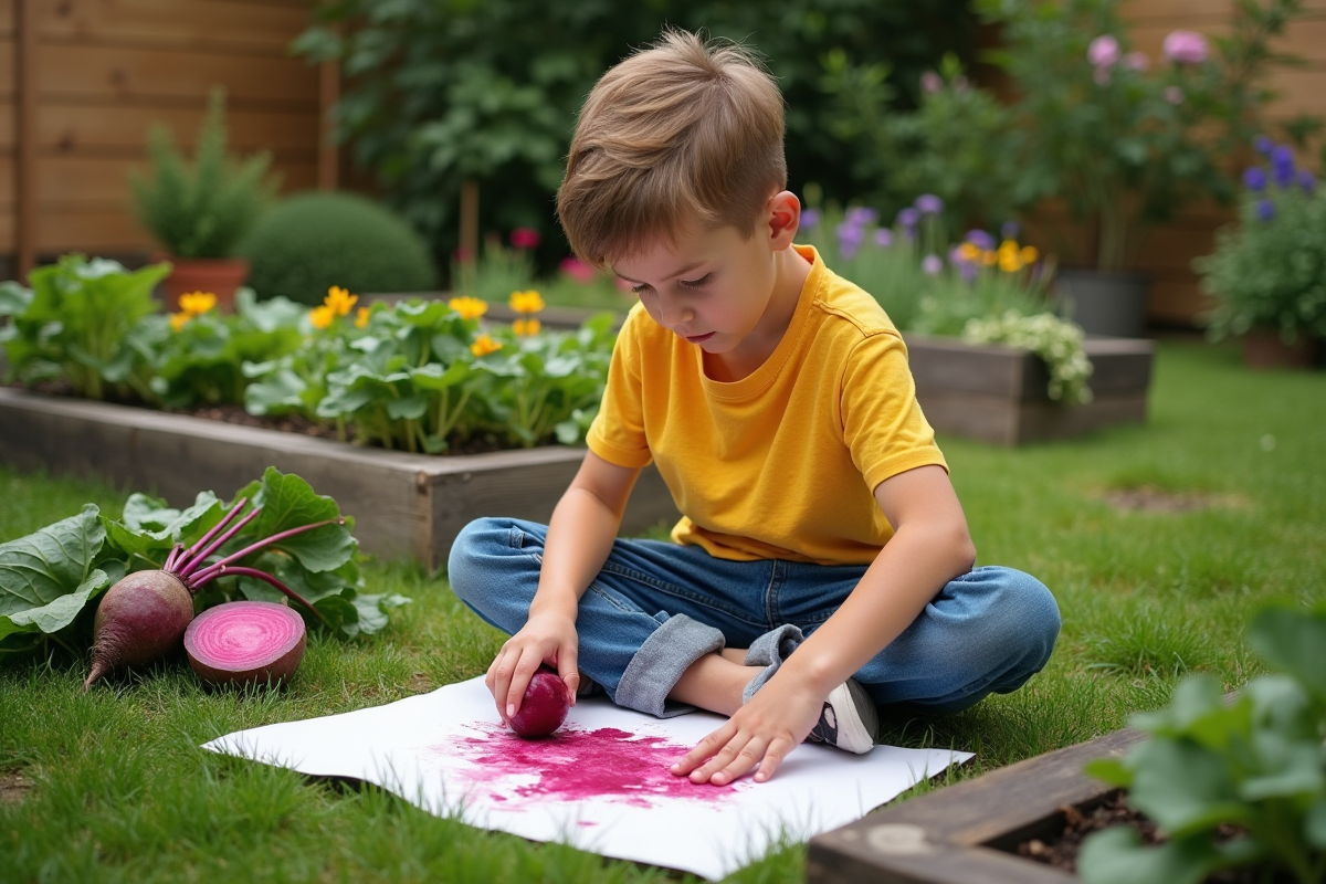 Jeune garçon utilisant un betterave comme tampon dans le jardin