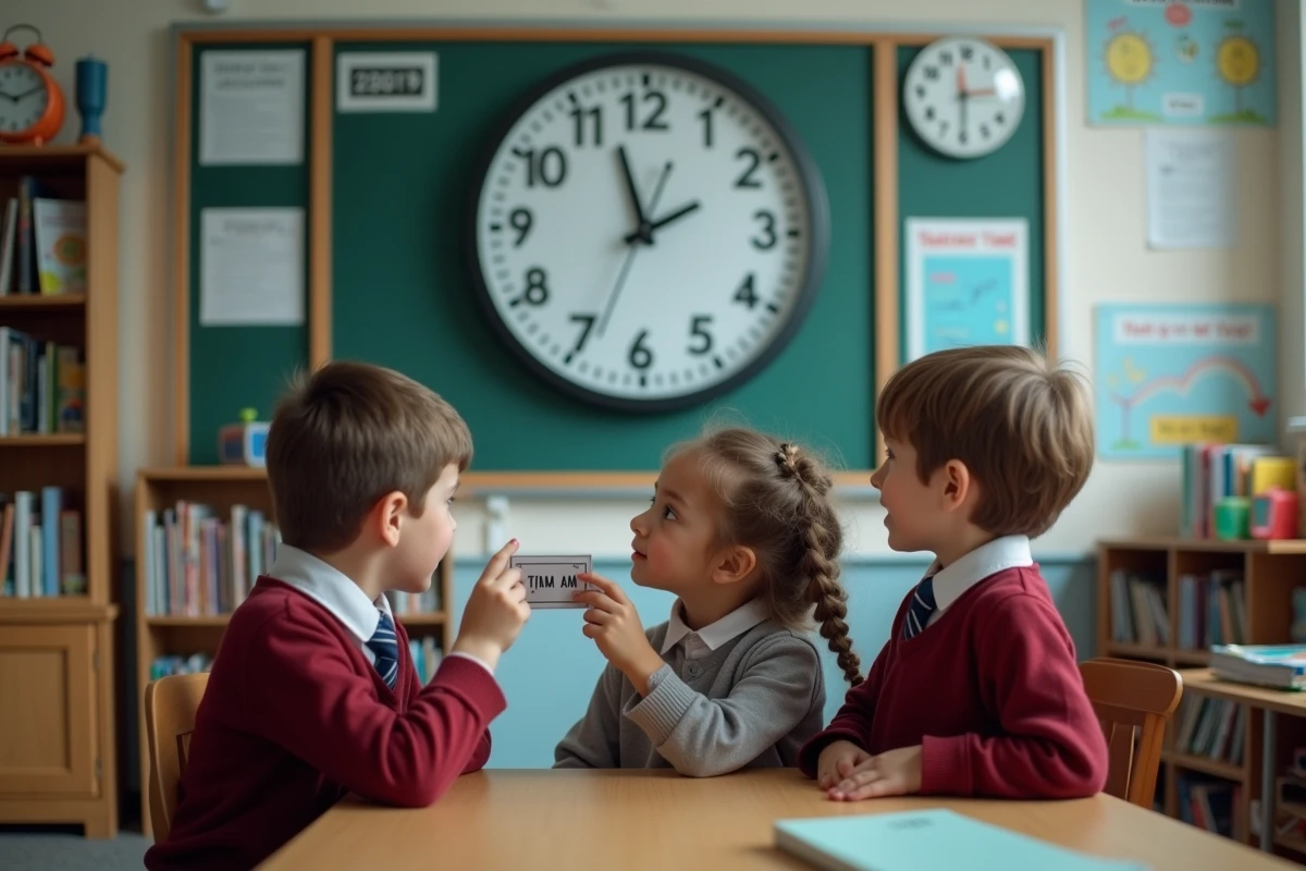 Trois enfants regardant une horloge digitale en classe