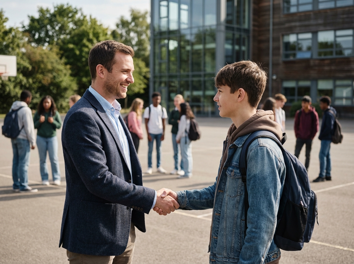 Enseignant souriant avec un élève dans la cour d