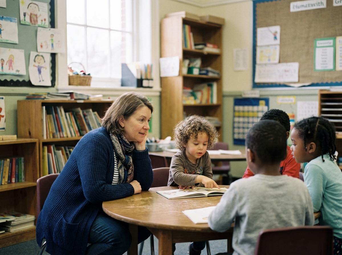 Enseignante chaleureuse avec enfants en classe primaire