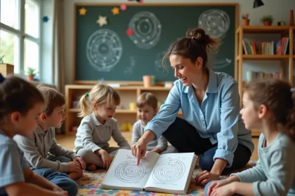 Enseignante en classe de primaire racontant l'histoire du Minotaure à des élèves assis sur un tapis coloré autour d'un grand livre illustré