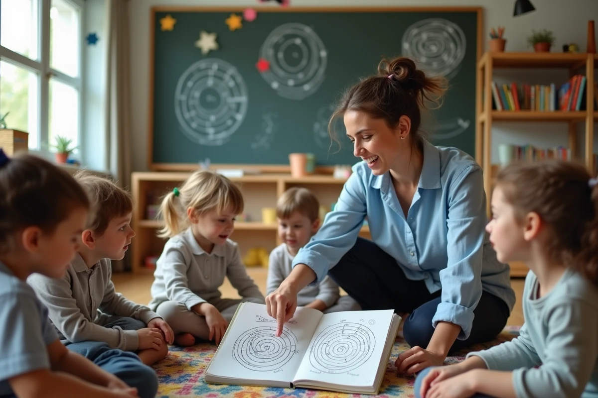 Enseignante en classe de primaire racontant l'histoire du Minotaure à des élèves assis sur un tapis coloré autour d'un grand livre illustré