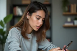 Femme envoyant un SMS anonyme en ligne depuis son bureau à domicile sur smartphone