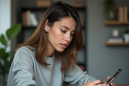Femme envoyant un SMS anonyme en ligne depuis son bureau à domicile sur smartphone