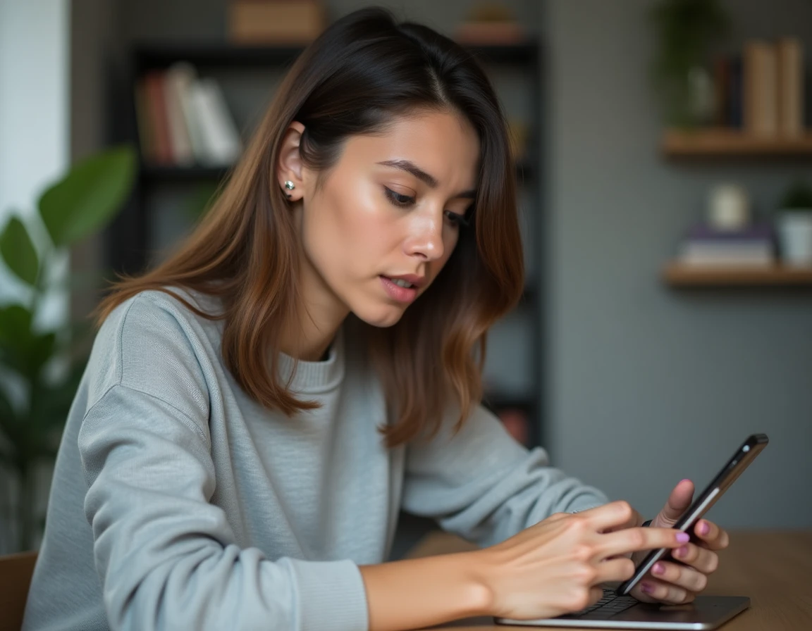 Femme envoyant un SMS anonyme en ligne depuis son bureau à domicile sur smartphone