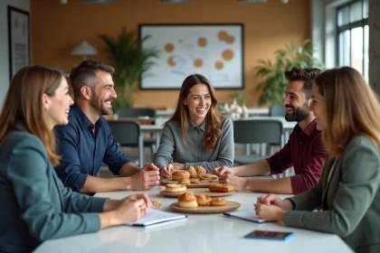 Groupe d'employes d'office partageant un petit déjeuner