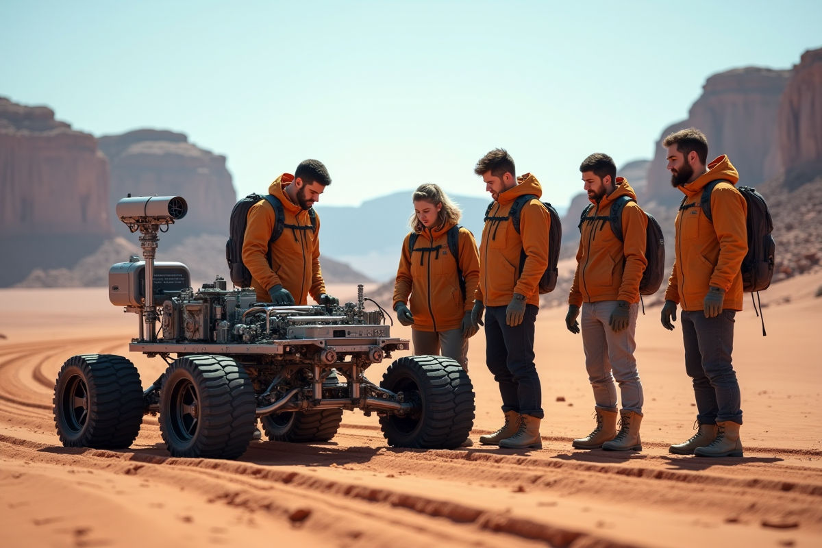 Equipe d engineers assemble un rover sur un desert aride