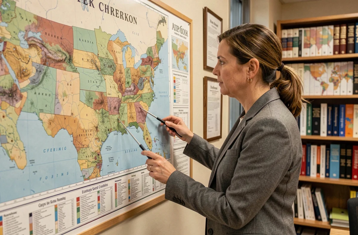 Géographe étudiant une carte comparative des États-Unis et de la Chine affichée sur un mur de bureau, illustrant la controverse de superficie entre les deux pays