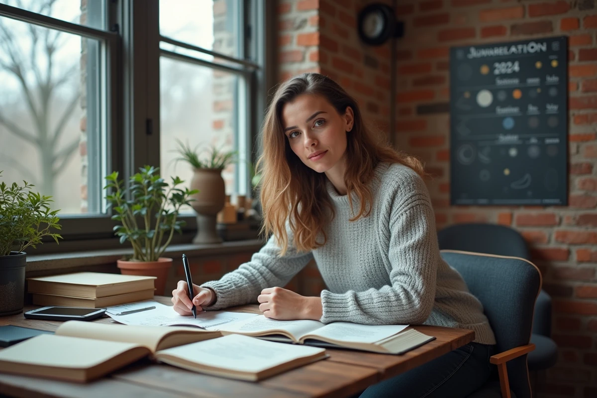 Femme étudiant le calendrier astronomique avec des livres et des notes sur les jours de l'année