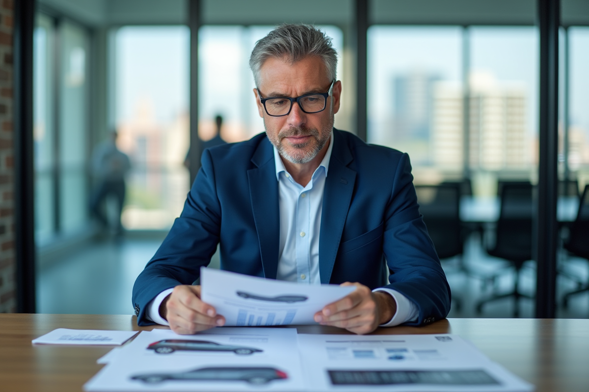 Homme d'affaires automobile en costume bleu dans un bureau moderne