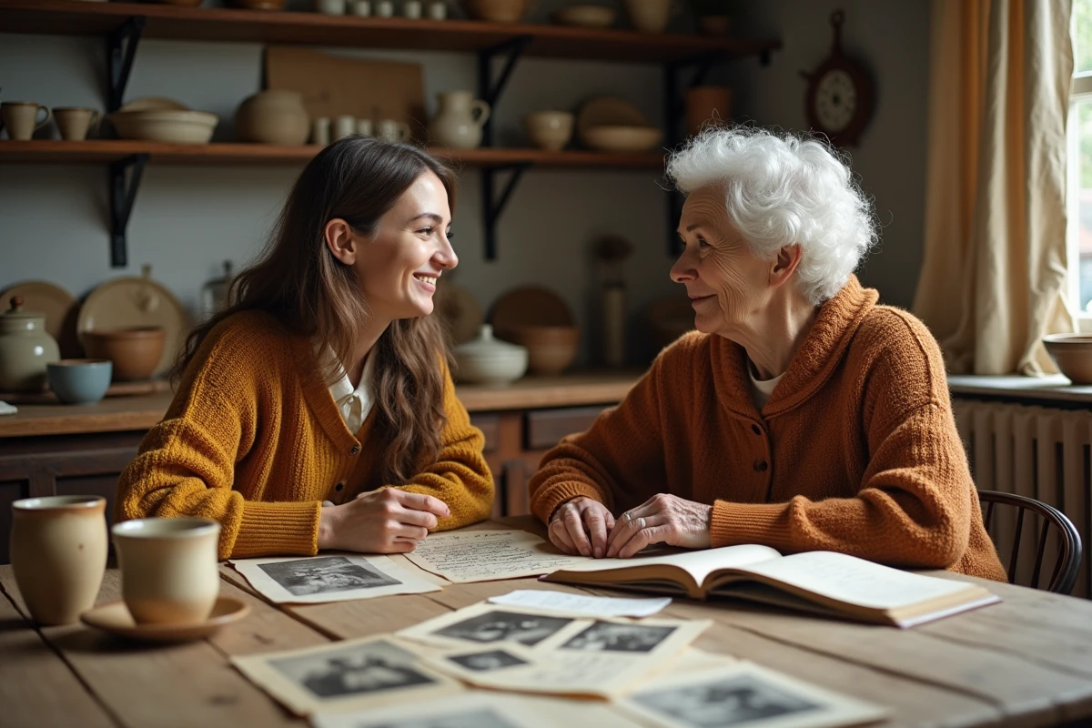 Deux femmes de générations différentes explorant ensemble des photos de famille et des lettres anciennes autour d'une table de cuisine