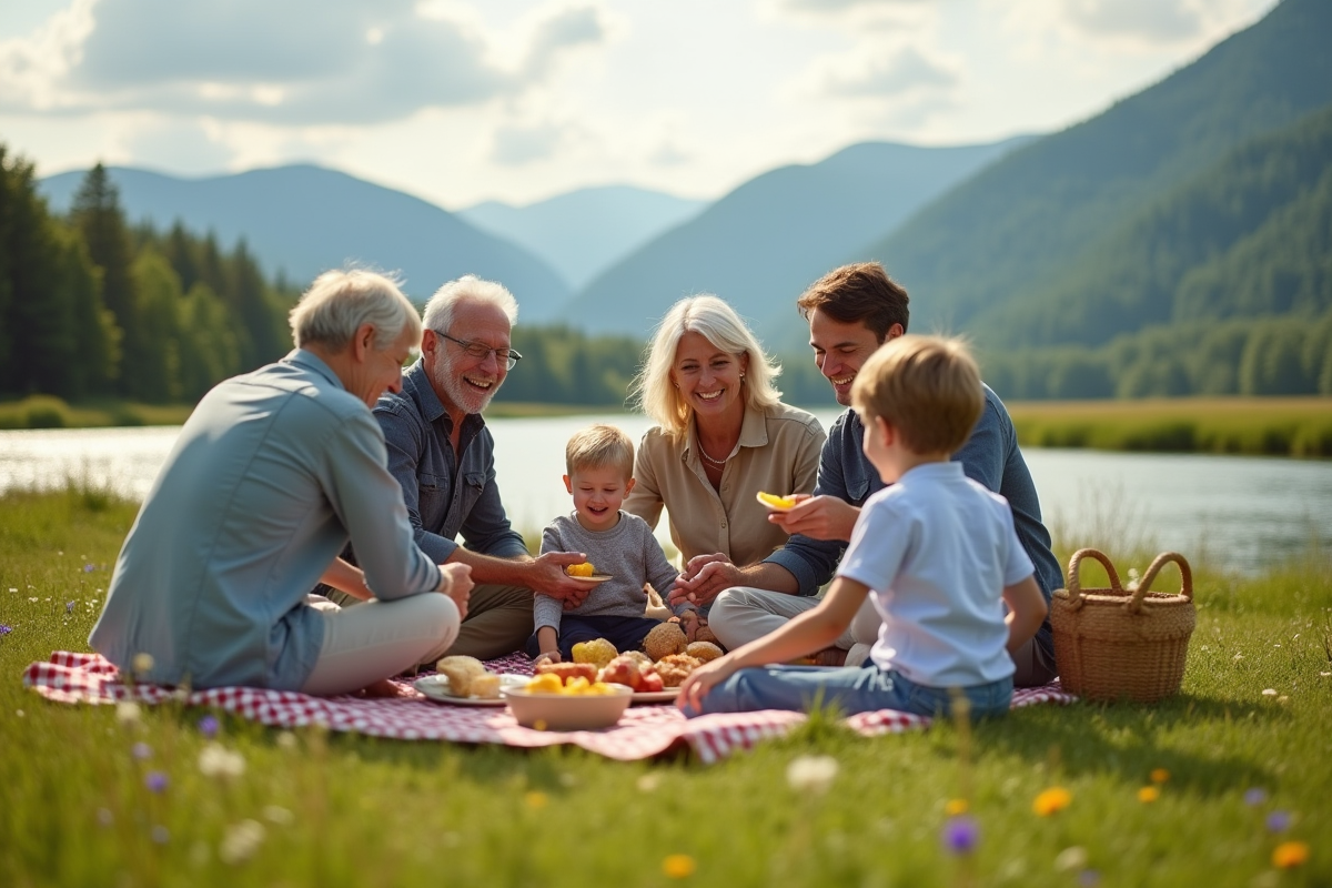Famille en pique-nique au bord de la rivière en plein air