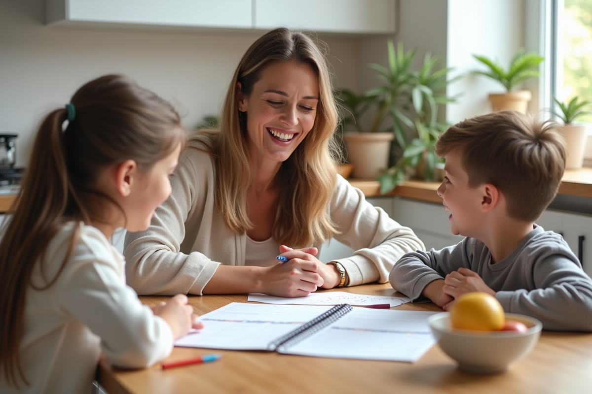 Famille souriante autour d'un planificateur familial à la cuisine