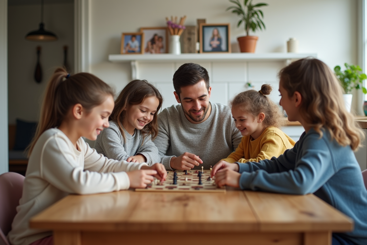 Famille recomposée jouant à un jeu de société à la maison