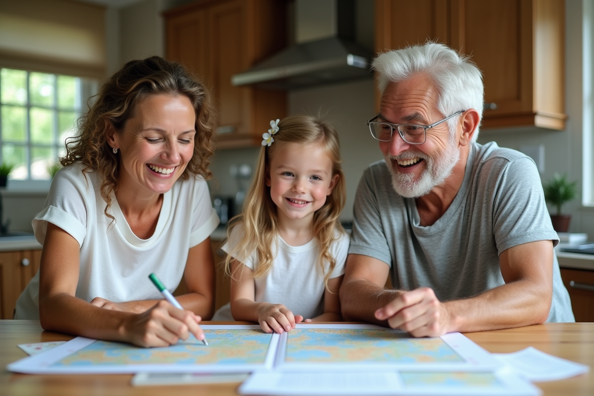 Famille autour d'une table avec cartes et planning vacances