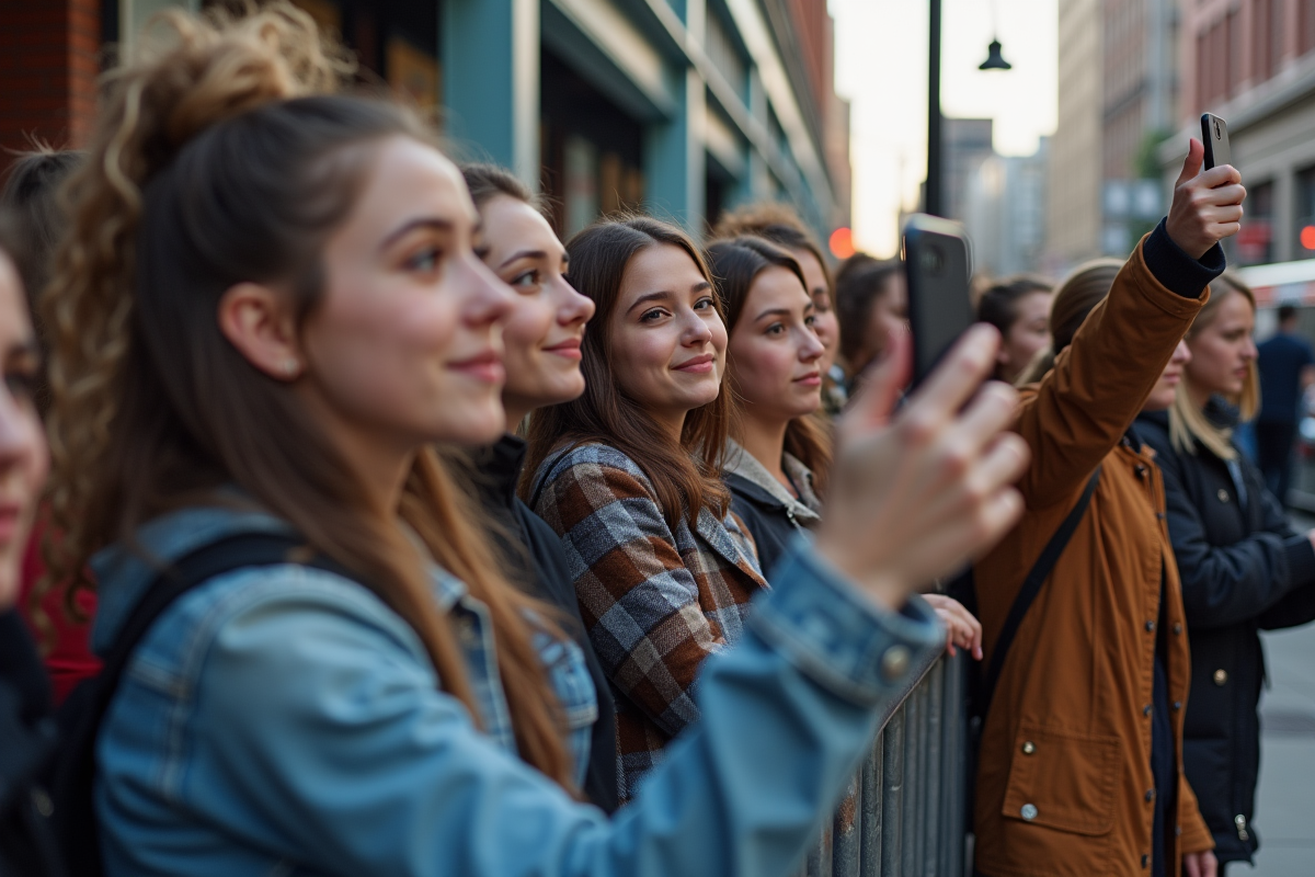 Groupes de jeunes fans attendent une star devant un concert