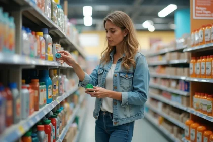 Femme en jeans examine un produit en magasin discount