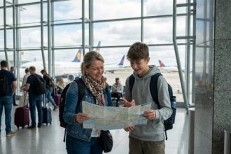 Femme et adolescent à l'aéroport prêts pour un voyage en Corse