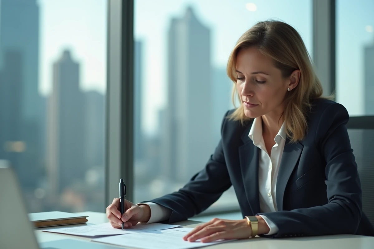 Femme d'affaires assise à son bureau en pleine concentration