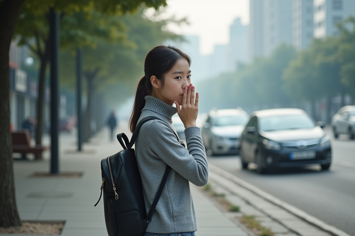 Jeune femme au arrêt de bus couvrant son nez face à la pollution