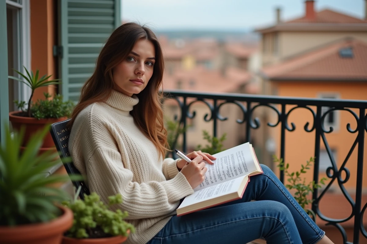 Jeune femme relaxant avec mots croisés sur un balcon italien