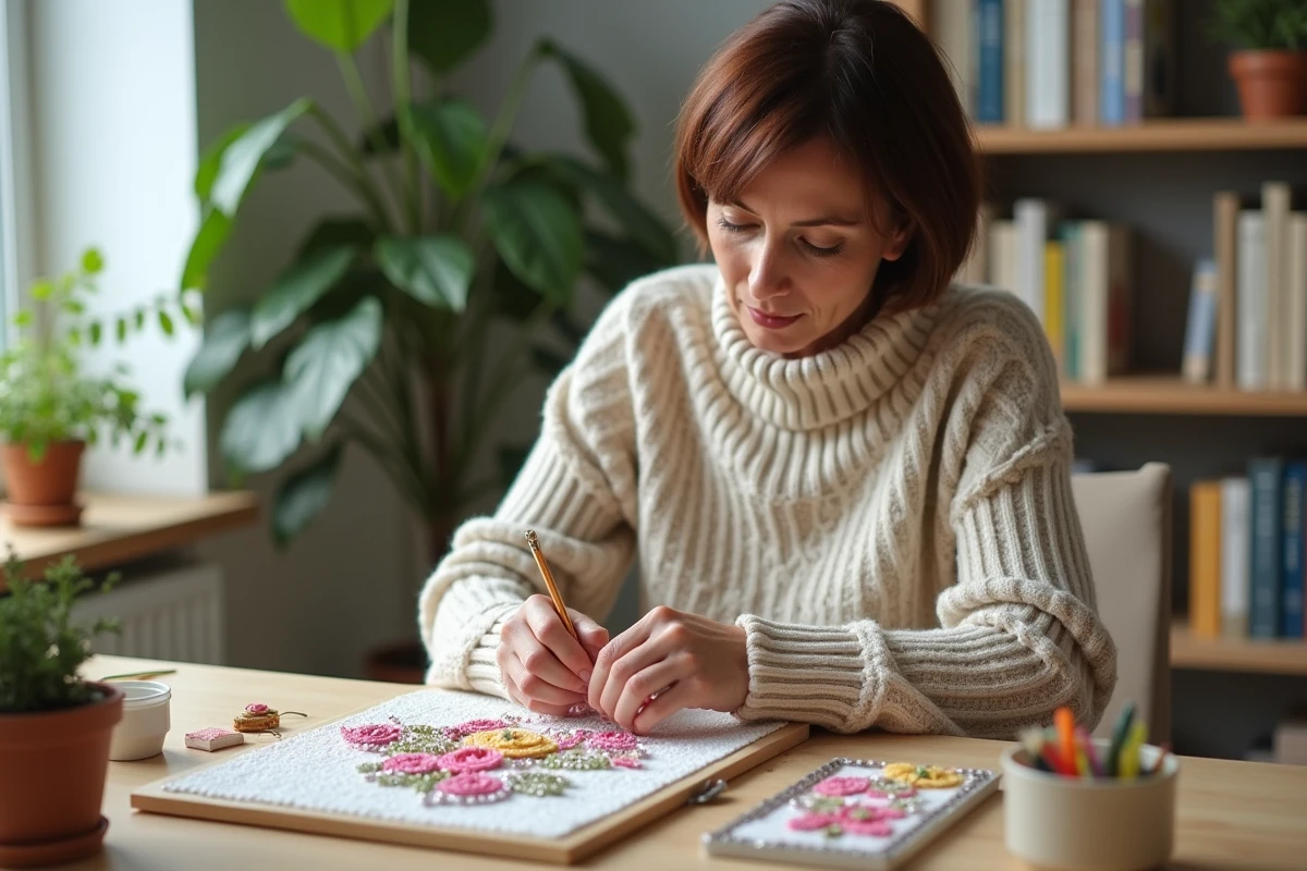 Femme d'âge moyen réalisant une broderie diamant colorée