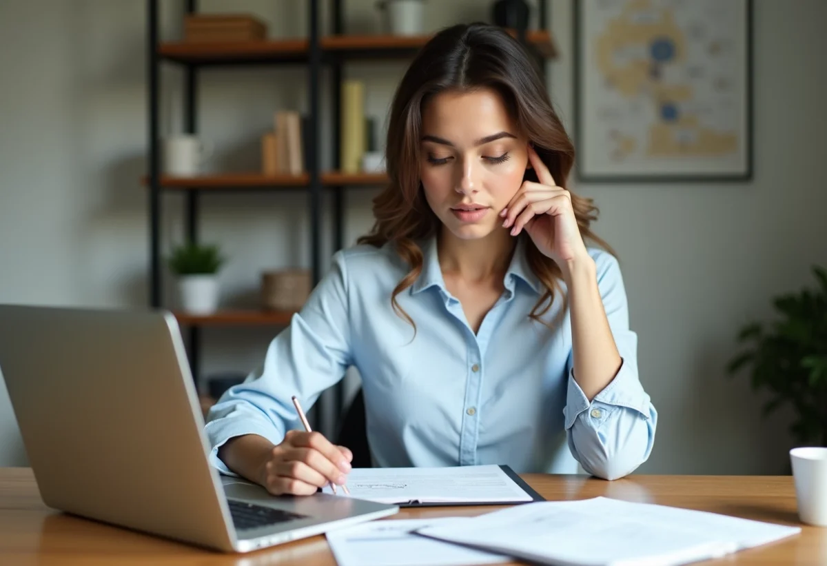 Jeune femme concentrée travaillant sur un ordinateur dans un appartement lumineux