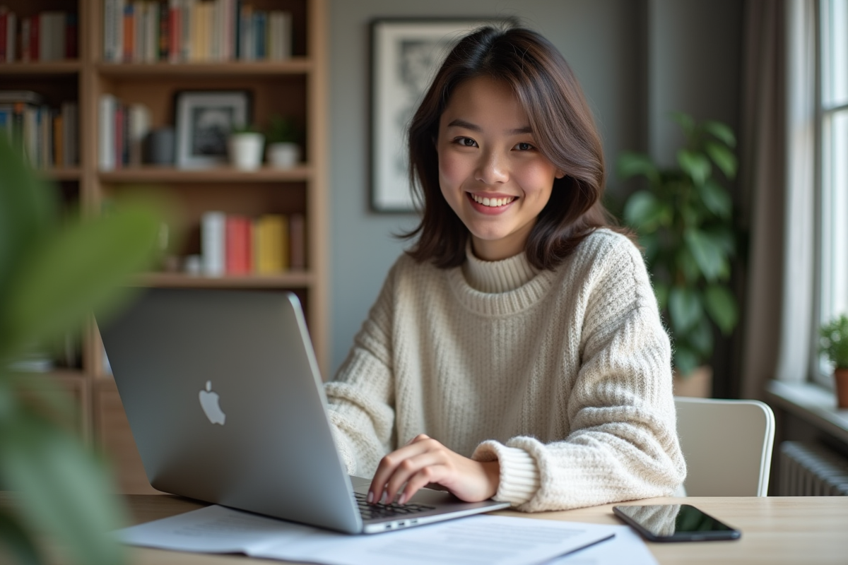 Jeune femme souriante dans un bureau moderne et organisé