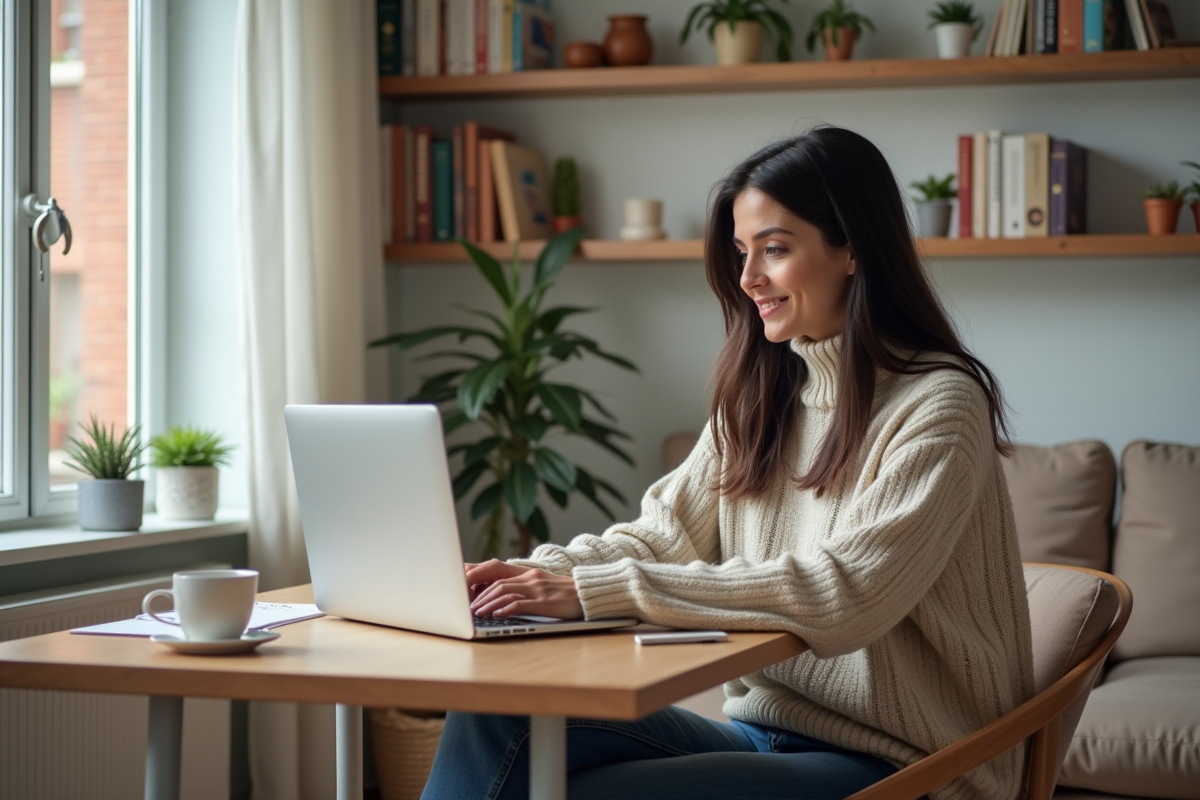 Femme travaillant dans un bureau scandinave cosy