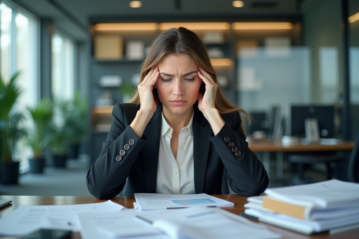 Femme stressée au bureau en pleine journée de travail